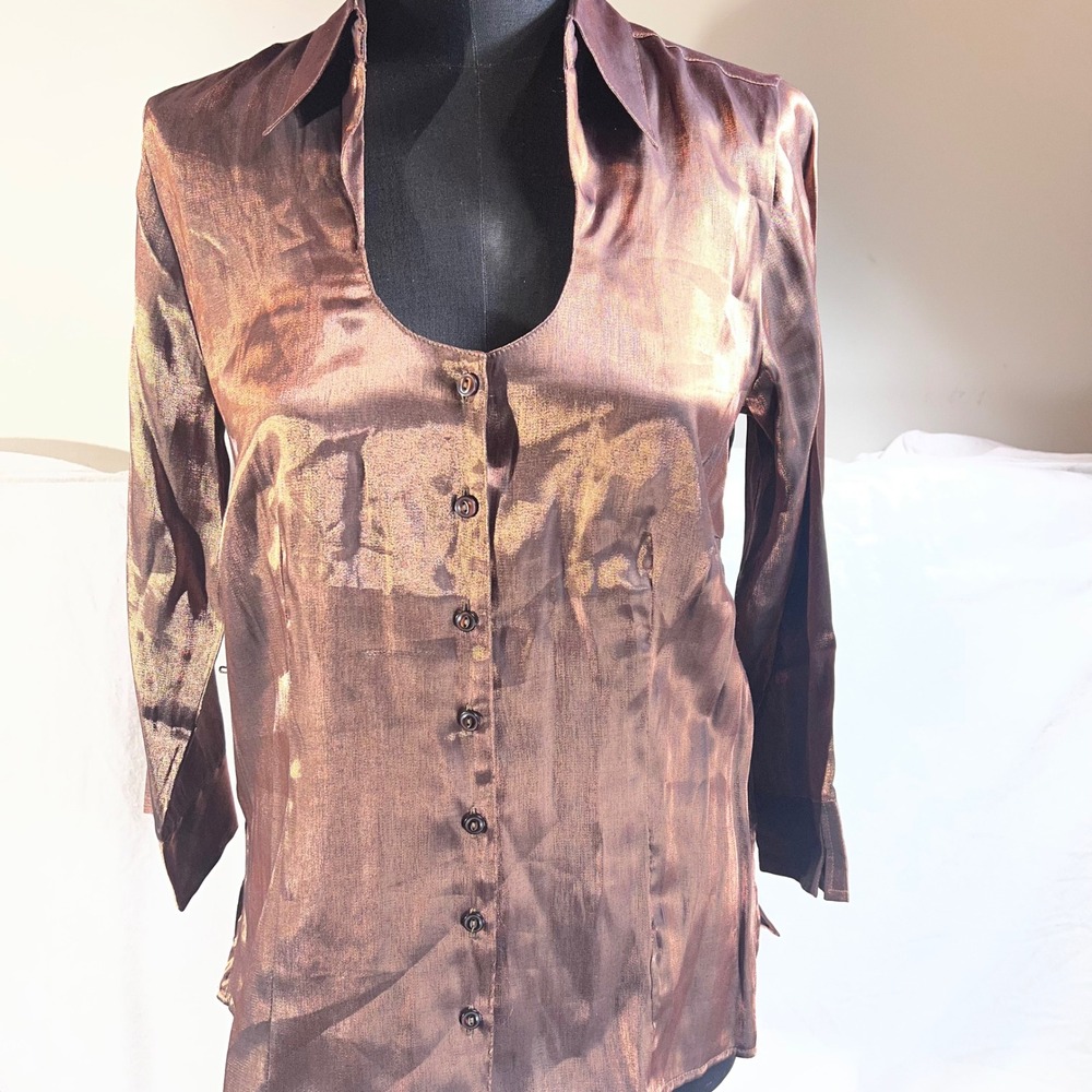 1830 Eighteen Thirty Womens Bronze Metallic Shimmer Scoop Neck Blouse Large